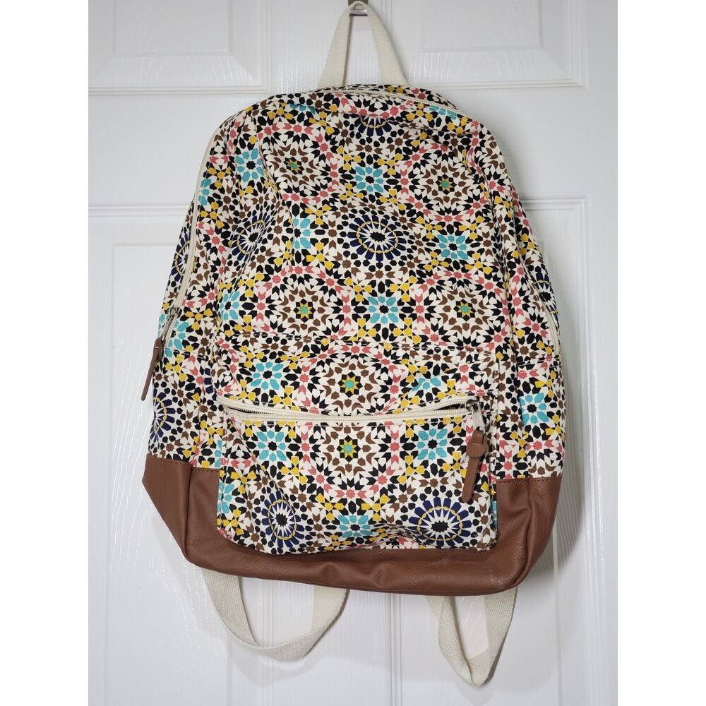 Colorful Mosaic Print Canvas Daypack with Faux Leather Trim & Front Pocket